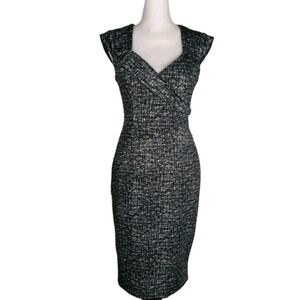 Maggy‎ London Black White Line Print Cap Sleeve V Neck Dress 8